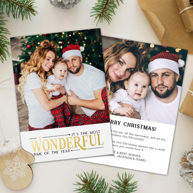 Most wonderful time 2 photo fun Christmas Foil Holiday Card (Creator Uploaded)
