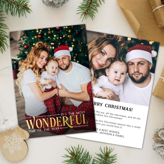 Most wonderful time 2 photo fun Christmas Foil Holiday Card (Creator Uploaded)