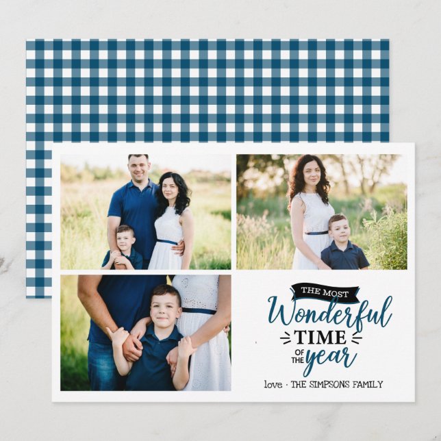Most wonderful time Blue Holiday photo collage Card (Front/Back)