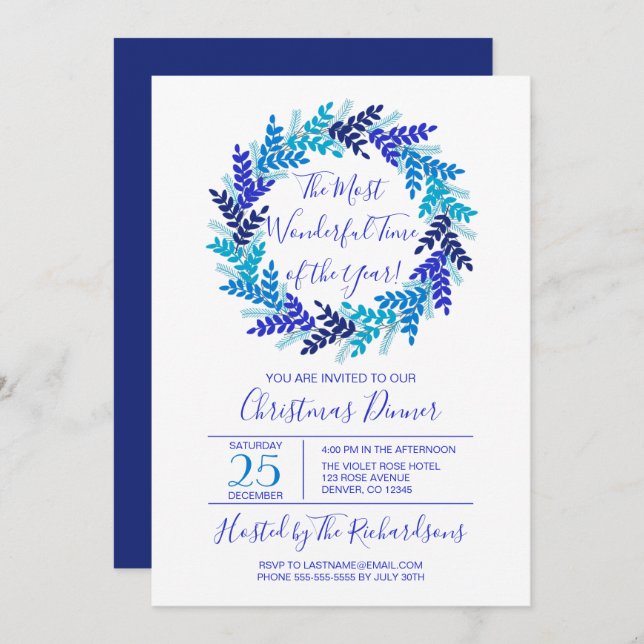 Most Wonderful Time Blue Wreath Christmas Party Invitation (Front/Back)