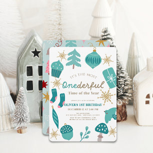Most Wonderful Time Christmas Green 1st Birthday Invitation