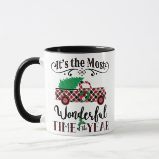 Most Wonderful Time Christmas Plaid Truck Mug