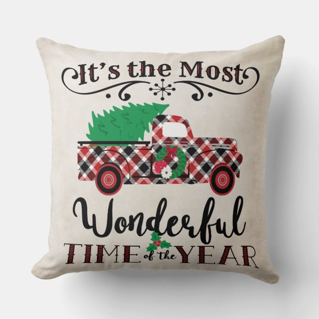 Most Wonderful Time Christmas Plaid Truck Pillow (Front)