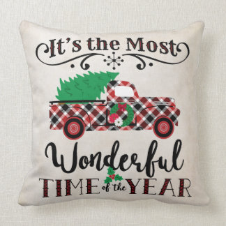 Most Wonderful Time Christmas Plaid Truck Pillow