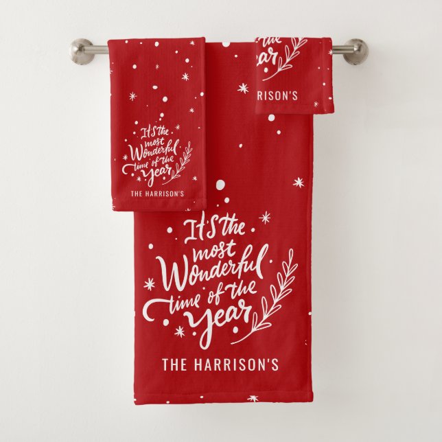 Most Wonderful Time Festive Christmas Personalised Bath Towel Set (Insitu)