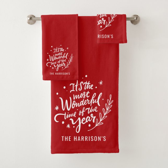 Most Wonderful Time Festive Christmas Personalised Bath Towel Set (Insitu)