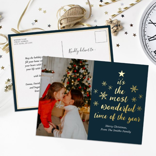 Most Wonderful Time of The Year Blue Gold Photo Foil Holiday Postcard (Creator Uploaded)