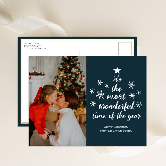 Most Wonderful Time of The Year Blue Script Photo Holiday Postcard (Creator Uploaded)