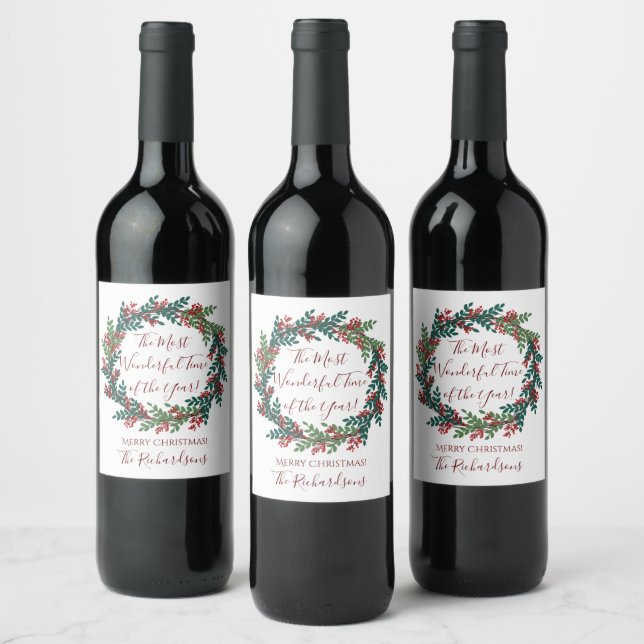 Most Wonderful Time of The Year Christmas Wreath Wine Label (Bottles)