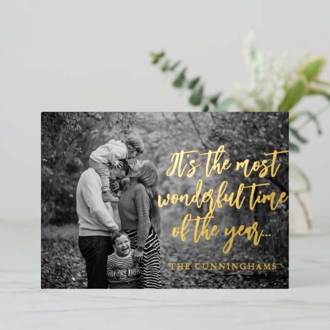 Most Wonderful time of the Year Modern Photo Foil Holiday Card (Standing Front)