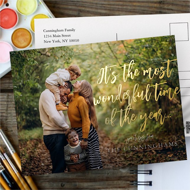 Most Wonderful time of the Year Modern Photo Foil Holiday Postcard (Creator Uploaded)