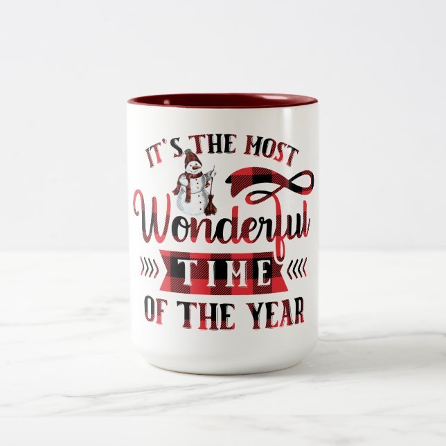 Most Wonderful Time Of The Year Plaid Christmas Two-Tone Coffee Mug (Center)
