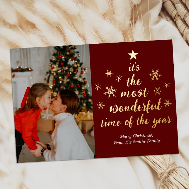 Most Wonderful Time of The Year Red Gold Photo Foil Holiday Card (Creator Uploaded)