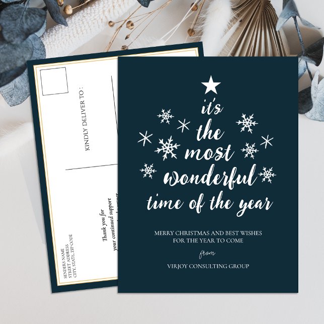Most Wonderful Time of Year Blue Script Business Holiday Postcard (Creator Uploaded)
