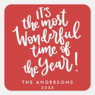 Most Wonderful time of Year   Red HOLIDAY Photo Square Sticker