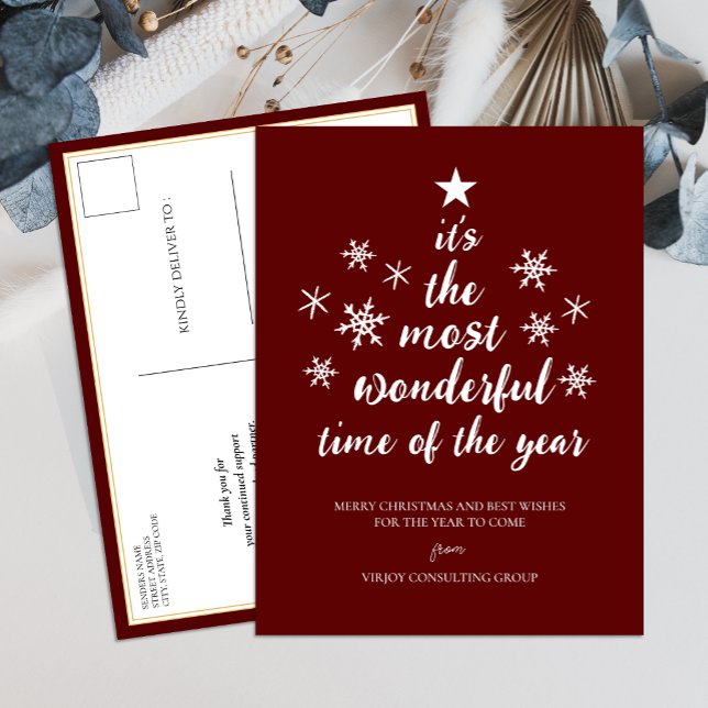 Most Wonderful Time of Year Red Script Business Holiday Postcard (Creator Uploaded)