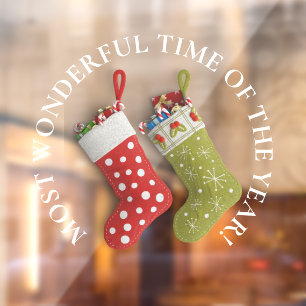 Most Wonderful Time, Red Green Christmas Stockings Window Cling