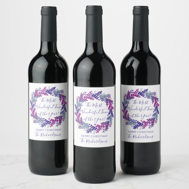 Most Wonderful Time Year Purple Christmas Wreath Wine Label (Bottles)
