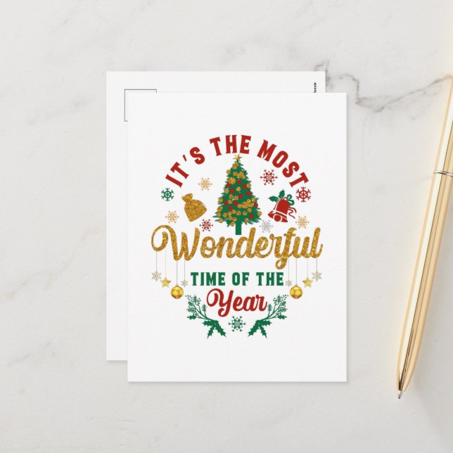Most wonderful time year word art Christmas Holiday Postcard (Front/Back In Situ)