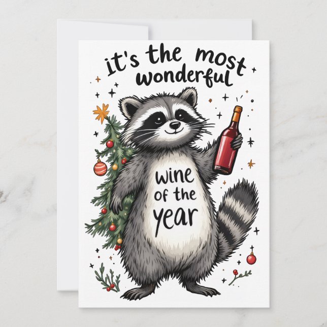 Most Wonderful Wine of the Year Racoon  Holiday Card (Front)