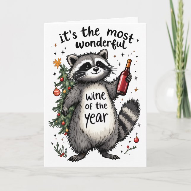 Most Wonderful Wine of the Year Racoon  Holiday Card (Front)