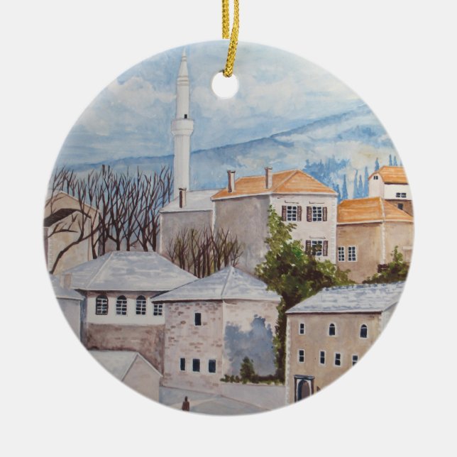 Mostar, Bosnia - Acrylic Townscape Painting Ceramic Tree Decoration (Front)