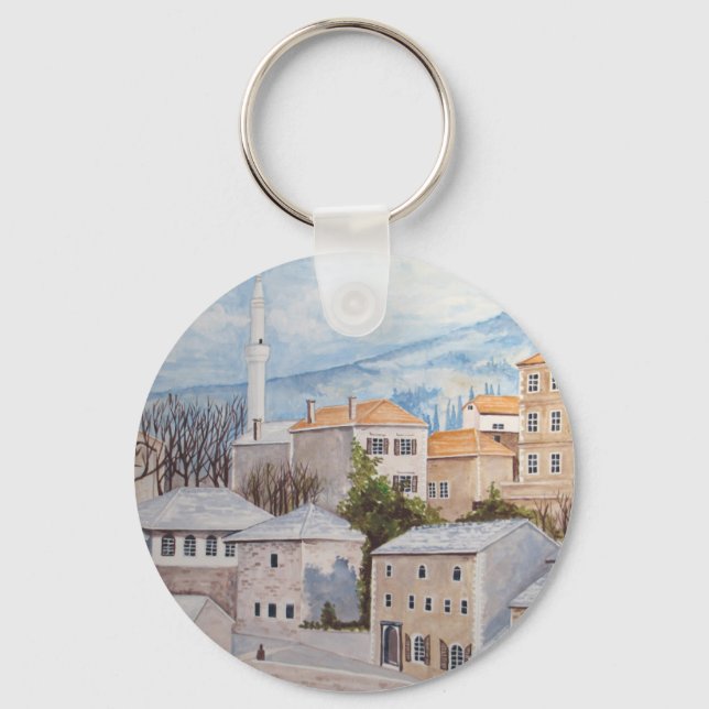 Mostar, Bosnia - Acrylic Townscape Painting Key Ring (Front)