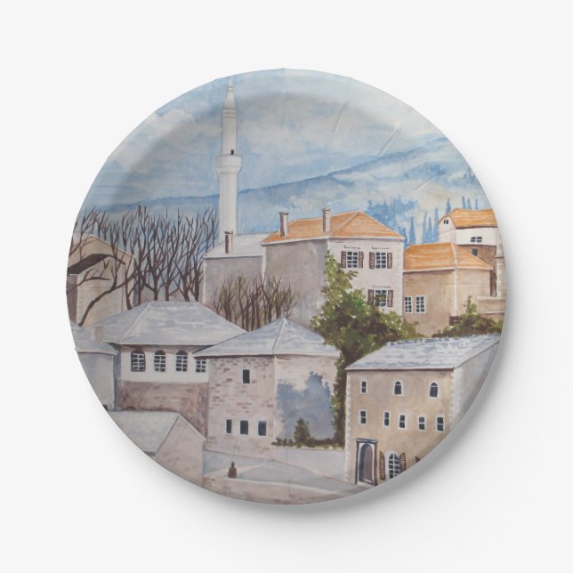 Mostar, Bosnia - Acrylic Townscape Painting Paper Plate (Front)