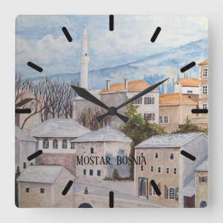 Mostar, Bosnia - Acrylic Townscape Painting Square Wall Clock