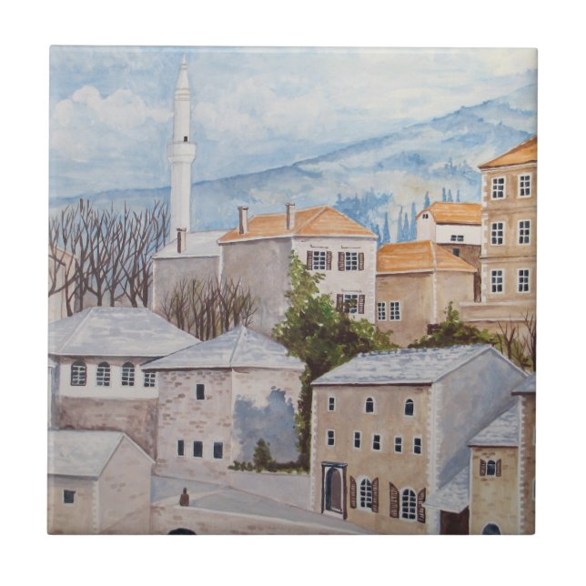 Mostar, Bosnia - Acrylic Townscape Painting Tile (Front)