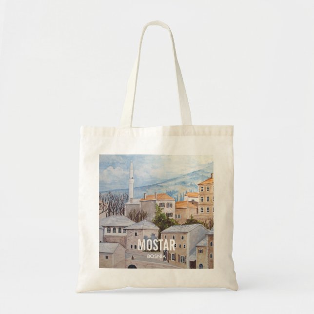 Mostar, Bosnia - Acrylic Townscape Painting Tote Bag (Front)