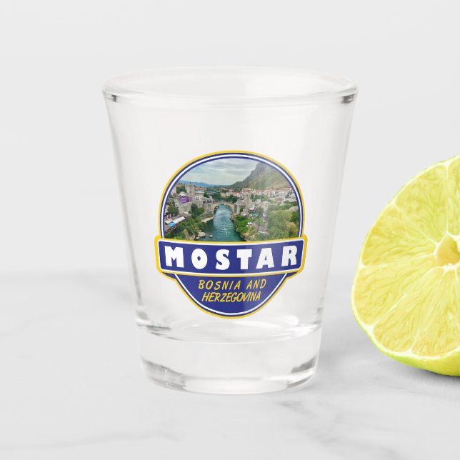 Mostar Bosnia and Herzegovina Travel Art Emblem Shot Glass (Front)