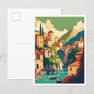 Mostar Bosnia Art vintage travel illustration Postcard