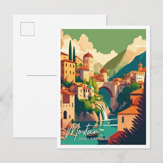 Mostar Bosnia Art vintage travel illustration Postcard (Front/Back)
