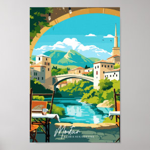 Mostar Bosnia Travel Art Vintage Illustration  Poster