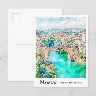 Mostar Bosnia Travel Watercolor Hand Drawn Postcard