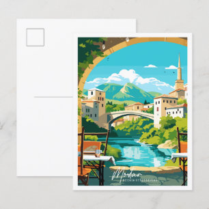 Mostar Bosnia vintage travel illustration Postcard