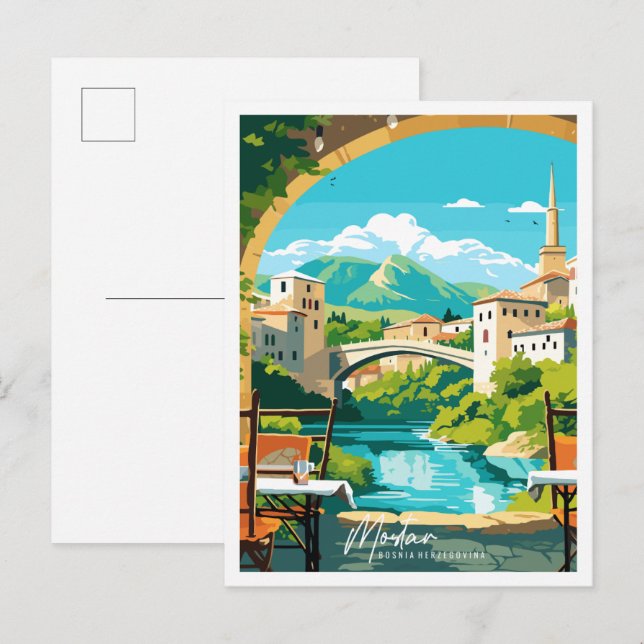 Mostar Bosnia vintage travel illustration Postcard (Front/Back)