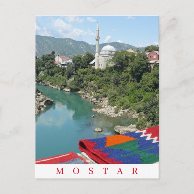 Mostar river and mosque view postcard (Front)