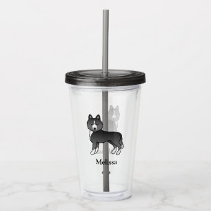 Mostly Black Siberian Husky Dog & Custom Name Acrylic Tumbler
