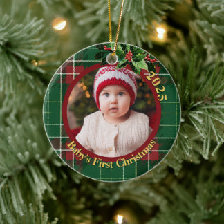 Mostly Green Plaid | Baby's First Christmas Photo Ceramic Tree Decoration