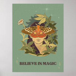 Moth Face Woman Botanical Wall Art Print
