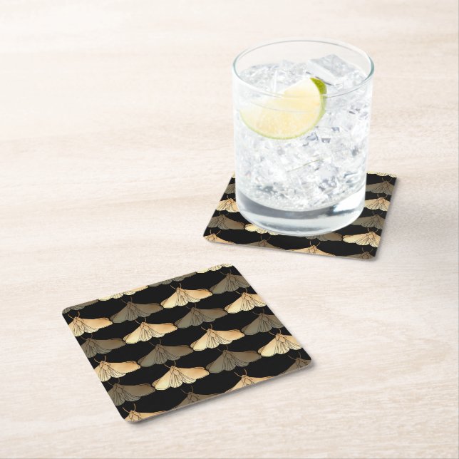 Moth in gold pattern square paper coaster (Insitu)