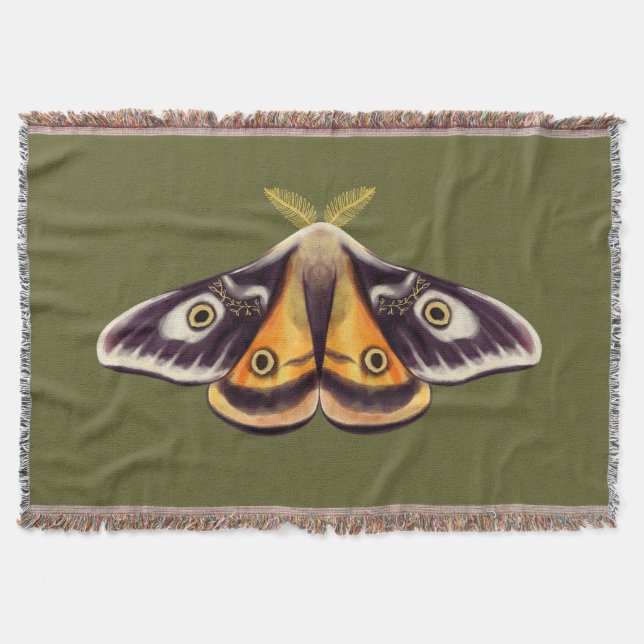 Moth Insect Art Goblincore Saturnia Witchy Green Throw Blanket (Front)