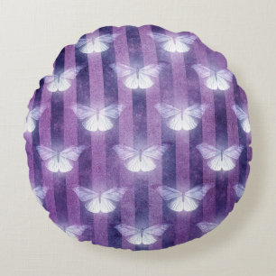 Moth white glow purple striped butterfly  round cushion
