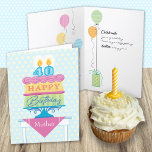 Mother 40th Birthday Cake Number Candles  Card<br><div class="desc">A birthday card for your 40 year old mother. "Happy Birthday" is on each layer of the cake with pink decorative icing separating them. A subtle background of yellow and blue anchors the design. Bright colours and a bold graphic styling give this birthday wish a festive feel. You can also...</div>