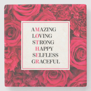 Mother Acronym Red Rose Stone Coaster