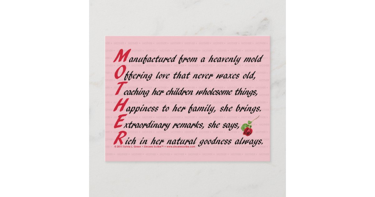 Mother (Acrostic) Postcard | Zazzle.co.uk