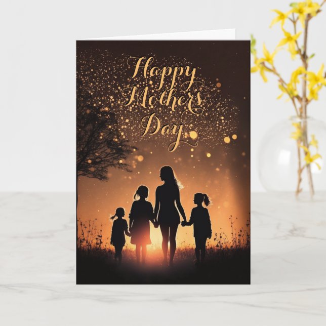 Mother and 3 Children at Sunset, Mothers Day Card (Yellow Flower)
