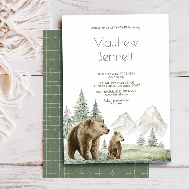 Mother and baby bear watercolor forest invitation  (Cute watercolor baby shower invite with forest and bear design in sage green. Ideal for woodland the)